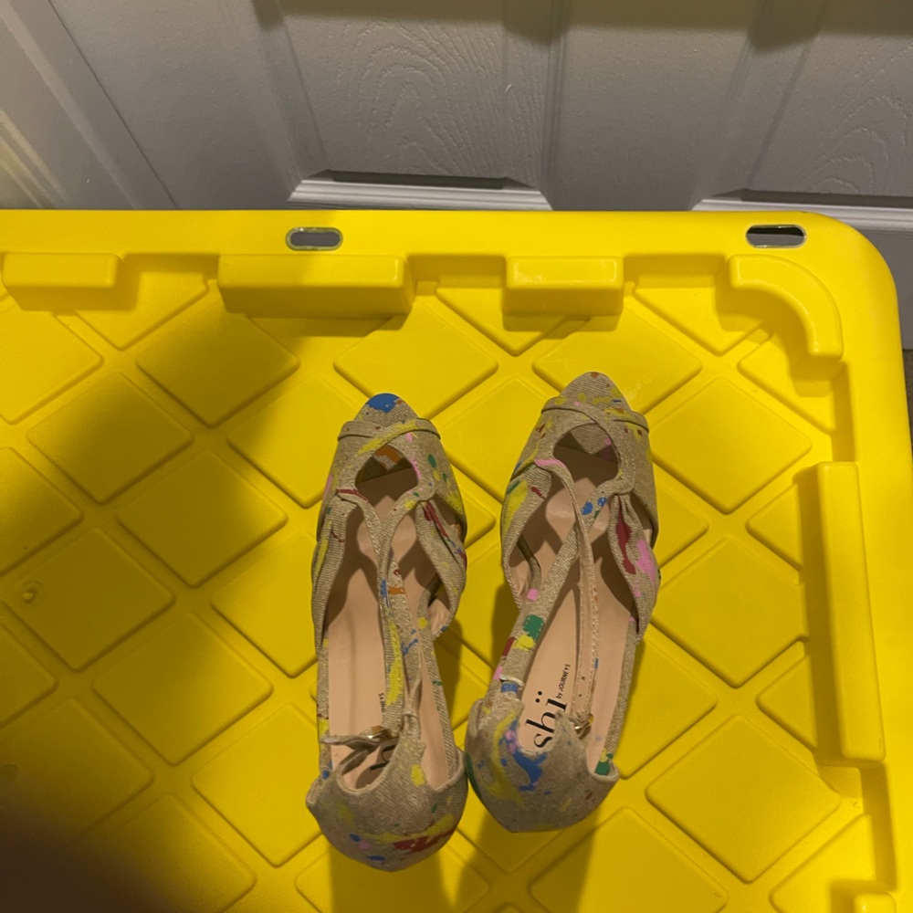 Multicolored splattered paint designed open toe heels